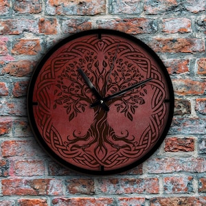 Engraved Leather Tree of Life Clock: Celtic Scandinavian Wall Decor