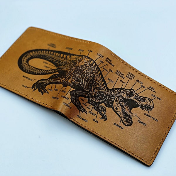Personalized Dinosaur Anatomy leather handmade men's wallet, birthday gift for him, customized anniversary xmas gift, RFID blocking wallet