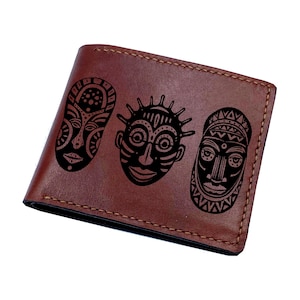 Traditional African masks, tribal mask leather men's wallet, mythology beast and gods, customized engraving wallet, antique gift for dad