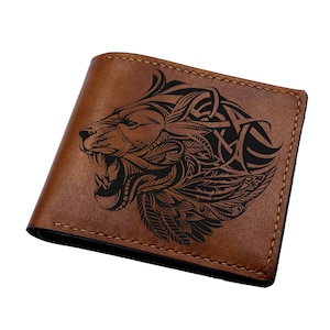 Löwe Zentangle moderne Kunst Brieftasche, maßgeschneiderte Leder Herren Brieftasche, Löwenmuster Geschenk für ihn, Tier Zentangle Herrengeschenk, Brieftasche für Papa