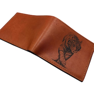 Dibujo de un animal depredador, billetera con grabado de tigre, regalo de cuero personalizado para hombre, billetera de cuero plegable para papá, ideas para regalos de Navidad.