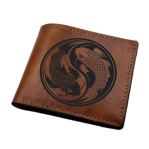 Kundenspezifische lederne Herrenbrieftasche, Yin und Yang mystische Zeichengravurbrieftasche, chinesisches philosophisches Logo, coole Brieftasche für Vater, Freund