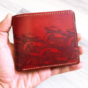 Cartera plegable de cuero genuino Wave Haku personalizada para hombre, idea de regalo de aniversario de Navidad personalizada para hombres 2021, regalo para novio y esposo