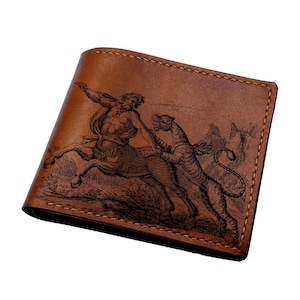 Personalized Monster leather men&#39;s wallet, Ancient Greek monster wallet, horror gift for men, centaur men horse engraved pattern present