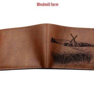 Cartera de cuero para hombre con diseño de molino de viento personalizado, billetera con escena de granja, regalo con grabado de paisaje, regalo de aniversario de cumpleaños para novio y papá