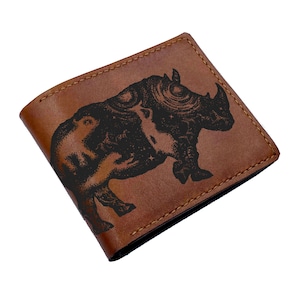 Cartera de rinoceronte personalizada, regalo para hombre estilo tatuaje, cartera de cuero para hombre, cartera grabada personalizada, regalo para papá, idea de regalo de cumpleaños