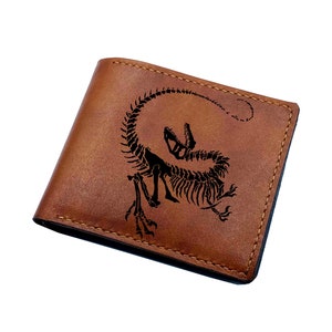 Portafoglio da uomo in pelle personalizzato Velociraptor, portafoglio scheletro di dinosauro, regalo per uomo, regalo di anniversario per papà, marito, fratello