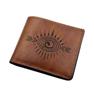 Cartera de cuero con símbolo de ojos para hombre, cartera con ícono de estilo nativo, genial regalo navideño de cuero para papá, esposo, hermano, cartera con arte indio.