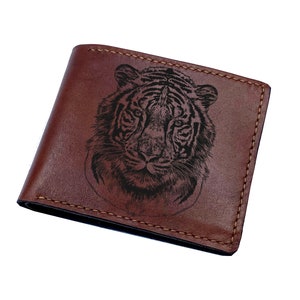 Cartera con dibujo artístico de retrato de cara de tigre, cartera de cuero personalizada grabada, patrón de animal del rey del bosque, regalo de cuero para él en Navidad