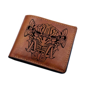 Cartera de hombre personalizada, cartera con patrón de máscara antigua inca, regalo de cuero hecho a mano para hombre, cartera de terror de Halloween, regalo de cumpleaños para hombre.