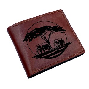 Regalo personalizado para hombre, billetera de cuero para hombre, billetera plegable con elefante, billetera con estampado de animales africanos para hombre, billetera con estampado africano grabado para él