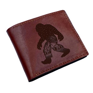 Cartera de cuero para hombre de Pie Grande, regalo de cuero con diseño de Sasquatch para él, cartera con criatura mítica del bosque, regalo para papá, ideas de regalo para el Día del Padre