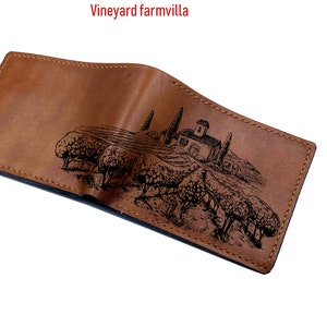 Custom leather men wallet, nature scene draw men&#39;s wallet, personalized men present, farm village landscape wallet, anniversary gift for dad