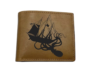 Kraken attach ship drawing art wallet, monster leather gift ideas for dad, cool present for men, xmas gift ideas for dad from daughter