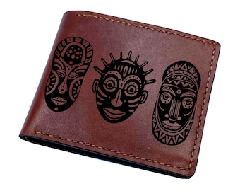 Traditional African masks, tribal mask leather men's wallet, mythology beast and gods, customized engraving wallet, antique gift for dad