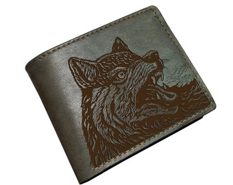 Carteira de couro com desenho de lobo, ideias para presentes com estampa de animais, carteira masculina com gravação personalizada, presente de lobo, presente para pai, marido