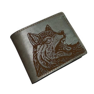 Cartera de cuero con dibujo de lobo, ideas de regalo con estampado animal, cartera de hombre con grabado personalizado, regalo para hombre lobo, regalo para papá, esposo