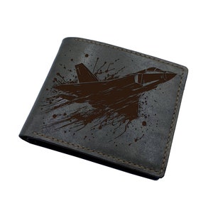 Cartera de cuero hecha a mano con forma de avión, Cartera de cuero con grabado de aviones de combate, Ideas de regalos de cuero de la fuerza aérea para hombres, Regalos de cuero militares