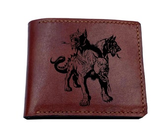 Custom monster leather men's wallet, greek mystical monter gift, Cerberus hound of Hades, ancient pattern engraved wallet for dad, boyfriend