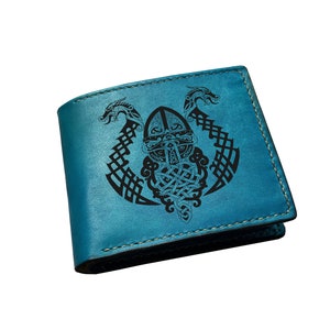 Cartera con diseño de guerrero vikingo, regalo de cuero con estampado celta de dragón para él, ideas de regalos de cuero para aniversario, cumpleaños y Navidad para papá y esposo.