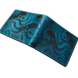 Cartera de cuero Kraken para hombre, regalo con grabado personalizado para hombre, billetera plegable con diseño de monstruo, regalo para hombre, regalo de aniversario de cuero para papá y esposo.