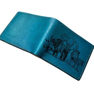 Cartera de cuero personalizada, regalo de cuero con estampado animal, dibujo de los Cuatro Grandes Animales de África, ideas de regalos de cumpleaños para hombres.
