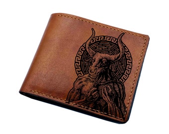 Minotaur leather men's wallet, monster engraved leather gift for men, customized present for dad, leather anniversary gift for husband