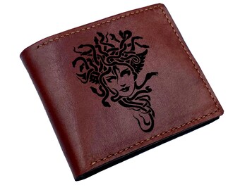 Medusa snake head pattern wallet, leather handmade men's wallet, personalized leather gift for boy friend, ancient monster men present