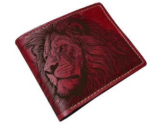 Lion drawing leather men's wallet, personalized leather handmade gift for men, animal art wallet, Lion gift idea for dad, husband, boyfriend