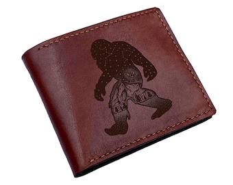 Bigfoot leather men's wallet, Sasquatch art leather gift for him, forest mythical creature wallet, custom cute monster gift for him