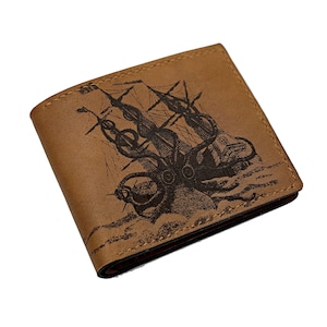 Kraken befestigen Schiff Leder handgefertigte Herren Brieftasche, Weihnachtsgeschenk Idee für ihn 2020 Monster Leder für Männer