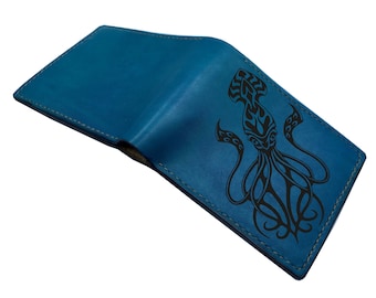 Octopus kraken monster leather wallet, cool wallet for dad, birthday leather anniversary present, seafearer gift ideas, wallet for boy