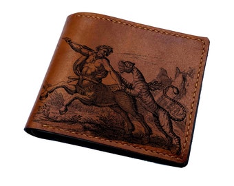Personalized Monster leather men's wallet, Ancient Greek monster wallet, horror gift for men, centaur men horse engraved pattern present