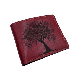 Tree silhouette engraved leather men's wallet, botanic plant forest modern art wallet, leather gift ideas for him, wallet for biologist man