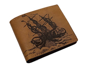 Personalized Kraken attach ship leather handmade men's wallet, christmas gift idea for him 2020, anniversary monster leather present for men