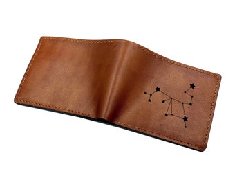 Cartera de cuero personalizada para hombre, cartera grabada con signos del horóscopo, cartera con símbolos astrológicos, cartera para él, regalo de cuero de aniversario
