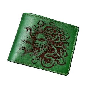 Carteira de couro Medusa, mitologia grega, carteira artesanal com gravação personalizada.