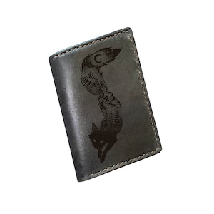 Cartera de cuero personalizada, mini billetera plegable para tarjetas, billetera con dibujo de zorro natural, regalo con dibujo de animal, billetera de cuero de aniversario para esposo