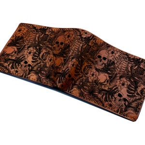 Cartera con estampado de calavera dibujada a mano, cartera de cuero personalizada para hombre, cartera estilo terror para él, regalo personalizado para hombre