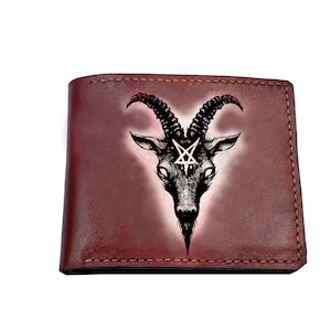 Benutzerdefinierte Leder Herren Brieftasche, Jubiläum Leder Geschenk für Männer, schwarze Ziege Schädel Symbole, satanische Zeichen Brieftasche, Halloween Horror Geschenk der Männer