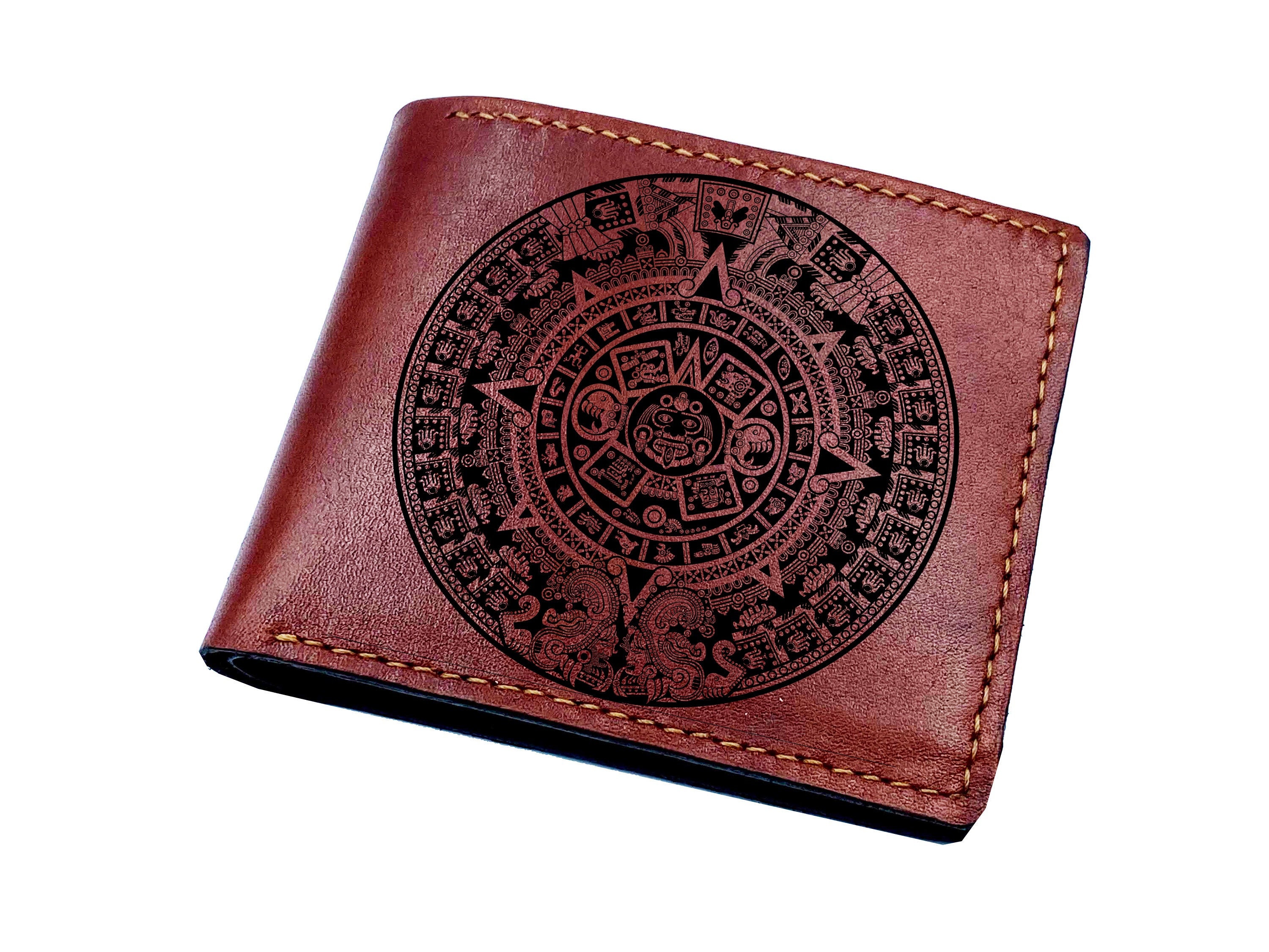 Personalized leather men's wallet, calendar ancient pattern Maya Inca Aztec art men's present, engraved wallet for dad, circle symbol wallet