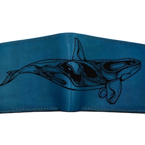 Dibujo artístico de orca, billetera de cuero personalizada hecha a mano, regalo con estampado animal para hombre, regalo artístico para amantes del océano, ideas de regalos navideños para papá