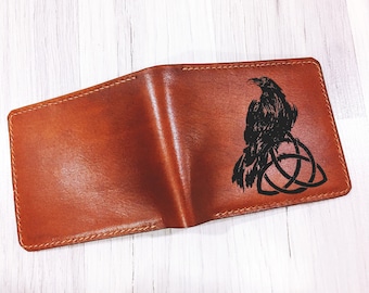 Personalized Norse Ruine Raven symbols, Celtic symbol animal men wallet, custom leather wallet for him, birthday anniversary present