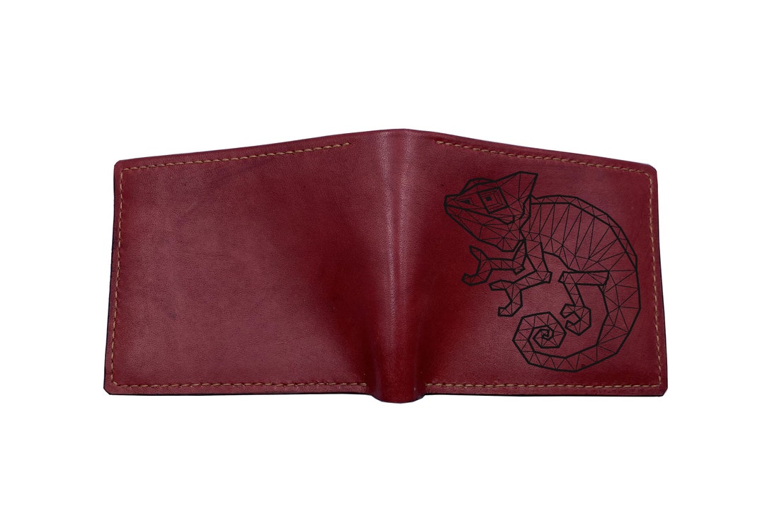 Custom Engraved Leather Wallet: Geometric Chameleon Art - Etsy
