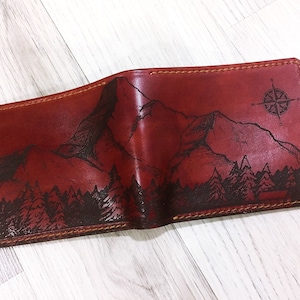 Personalized leather handmade men's wallet, mountain landscape pattern men's gift, present for him, xmas men gift idea, RFID blocking wallet image 2