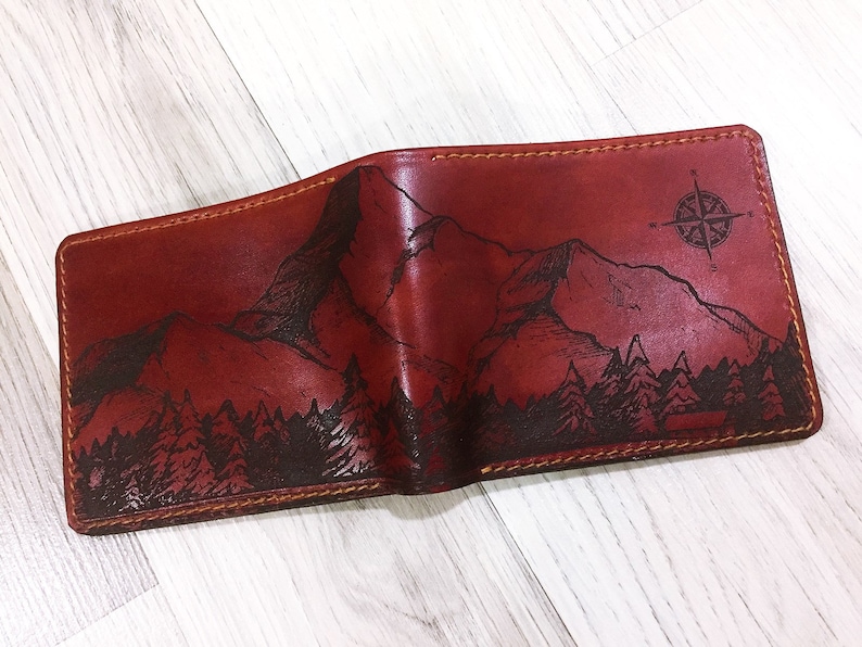 Personalized leather handmade men's wallet, mountain landscape pattern men's gift, present for him, xmas men gift idea, RFID blocking wallet image 2