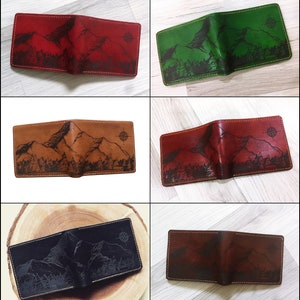 Personalized leather handmade men's wallet, mountain landscape pattern men's gift, present for him, xmas men gift idea, RFID blocking wallet image 4