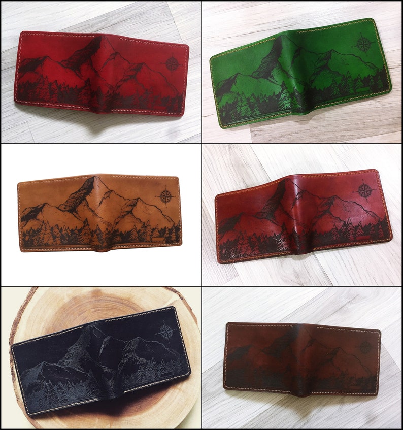 Personalized leather handmade men's wallet, mountain landscape pattern men's gift, present for him, xmas men gift idea, RFID blocking wallet image 4