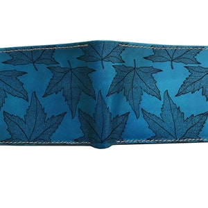 Cartera de cuero para hombre hecha a mano, billetera con dibujo de hoja de arce, grabado con patrón de hojas, regalo personalizado para papá, esposo, novio