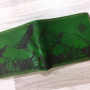 Personalized leather handmade men's wallet, mountain landscape pattern men's gift, present for him, xmas men gift idea, RFID blocking wallet image 3